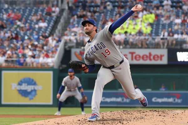 Aug 12, 2026; Washington, District of Columbia, USA; Chicago Cubs pitcher David Peterson (19) pitches against the Washington Nationals during the third inning at Nationals Park. Mandatory Credit: Geoff Burke-Imagn Images