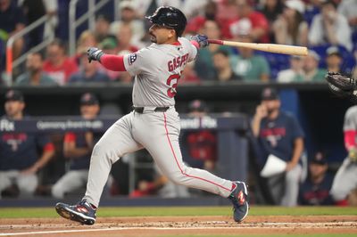 Aug 25, 2026; Miami, Florida, USA;  Boston Red Sox designated hitter Mickey Gasper (30) hits a solo home run in the second inning against the Miami Marlins at loanDepot Park.  Mandatory Credit: Jim Rassol-Imagn Images