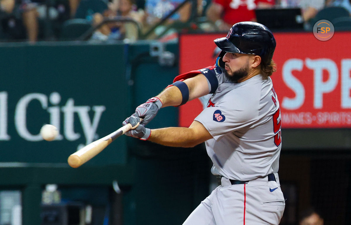 Aug 4, 2024; Arlington, Texas, USA; Boston Red Sox right fielder Wilyer Abreu (52) hits a three-run home run during the sixth inning against the Texas Rangers at Globe Life Field. Mandatory Credit: Kevin Jairaj-USA TODAY Sports