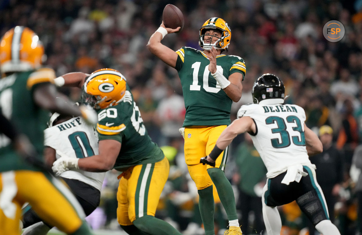 Sep 6, 2024; Sao Paulo, BRA; Green Bay Packers quarterback Jordan Love (10) throws during the second half against the Philadelphia Eagles at Neo Quimica Arena. Credit: Kirby Lee-Imagn Images