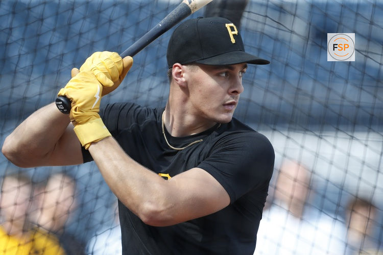 Aug 2, 2024; Pittsburgh, Pennsylvania, USA;  Pittsburgh Pirates shortstop Konnor Griffin who was the ninth overall pick in first round of the 2024 First-Year Player Draft in the batting cage before a game against the Arizona Diamondbacks at PNC Park. Credit: Charles LeClaire-USA TODAY Sports