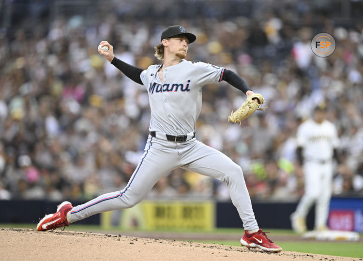 May 27, 2025; San Diego, California, USA; Miami Marlins pitcher Max Meyer (23) delivers during the first inning against the San Diego Padres at Petco Park. Credit: Denis Poroy-Imagn Images