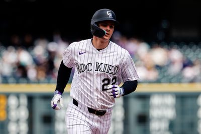 Apr 23, 2026; Denver, Colorado, USA; Colorado Rockies left fielder Mickey Moniak (22) rounds the bases on a solo home run in the first inning against the San Diego Padres at Coors Field. Mandatory Credit: Isaiah J. Downing-Imagn Images