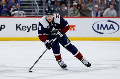 Mar 18, 2026; Denver, Colorado, USA; Colorado Avalanche defenseman Cale Makar (8) controls the puck in the second period against the Dallas Stars at Ball Arena. Mandatory Credit: Isaiah J. Downing-Imagn Images