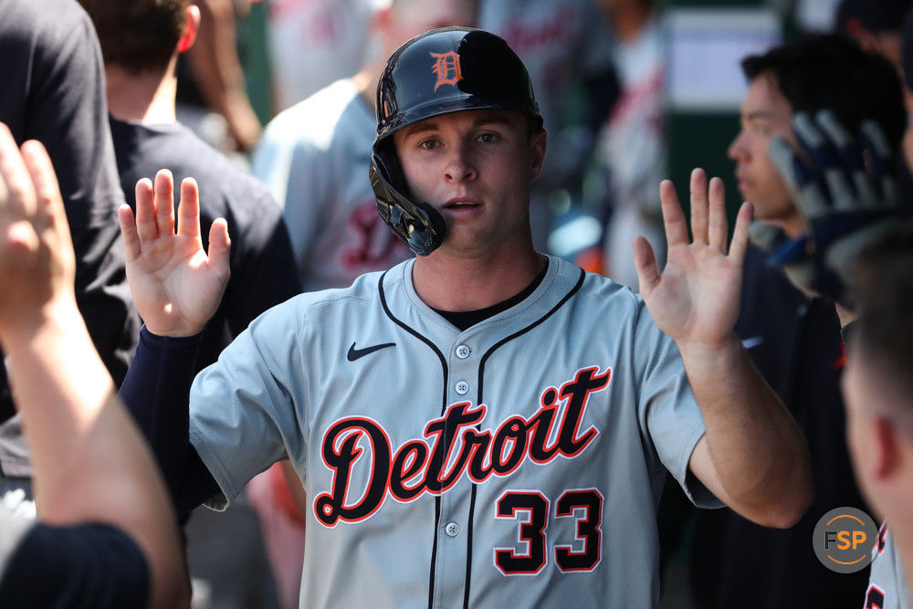 KANSAS CITY, MO - MAY 22: Detroit Tigers second base Colt Keith (33) in the dugout after scoring in the seventh inning of an MLB game between the Detroit Tigers and Kansas City Royals on May 22, 2024 at Kauffman Stadium in Kansas City, MO. (Photo by Scott Winters/Icon Sportswire)