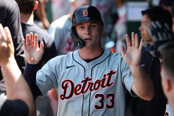KANSAS CITY, MO - MAY 22: Detroit Tigers second base Colt Keith (33) in the dugout after scoring in the seventh inning of an MLB game between the Detroit Tigers and Kansas City Royals on May 22, 2024 at Kauffman Stadium in Kansas City, MO. (Photo by Scott Winters/Icon Sportswire)
