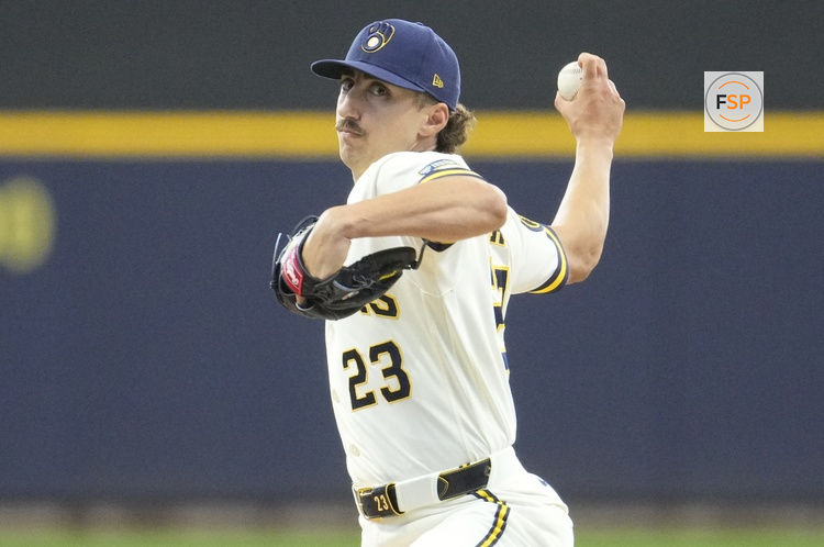 Apr 16, 2026; Milwaukee, Wisconsin, USA; Milwaukee Brewers starting pitcher Brandon Sproat (23) delivers  a pitch against the Toronto Blue Jays in the first inning at American Family Field. Credit: Michael McLoone-Imagn Images