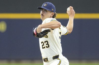 Apr 16, 2026; Milwaukee, Wisconsin, USA; Milwaukee Brewers starting pitcher Brandon Sproat (23) delivers  a pitch against the Toronto Blue Jays in the first inning at American Family Field. Mandatory Credit: Michael McLoone-Imagn Images