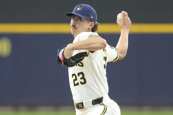 Apr 16, 2026; Milwaukee, Wisconsin, USA; Milwaukee Brewers starting pitcher Brandon Sproat (23) delivers  a pitch against the Toronto Blue Jays in the first inning at American Family Field. Mandatory Credit: Michael McLoone-Imagn Images