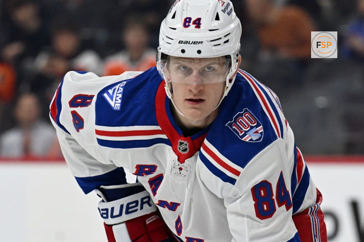 Mar 9, 2026; Philadelphia, Pennsylvania, USA;  New York Rangers center Adam Edstrom (84) against the Philadelphia Flyers at Xfinity Mobile Arena. Credit: Eric Hartline-Imagn Images