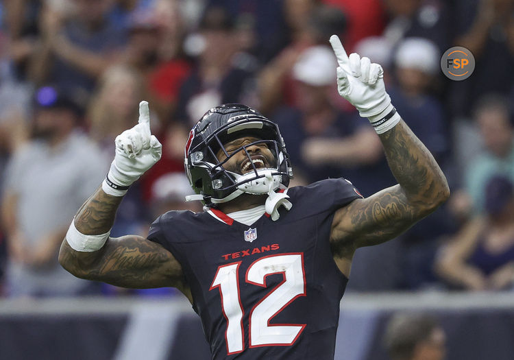 Nov 24, 2024; Houston, Texas, USA; Houston Texans wide receiver Nico Collins (12) celebrates after a reception during the second quarter against the Tennessee Titans at NRG Stadium. Credit: Troy Taormina-Imagn Images