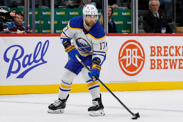 Jan 2, 2025; Denver, Colorado, USA; Buffalo Sabres left wing Jason Zucker (17) controls the puck in the first period against the Colorado Avalanche at Ball Arena. Mandatory Credit: Isaiah J. Downing-Imagn Images