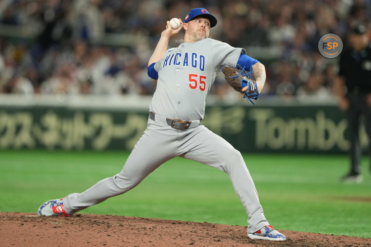 Mar 19, 2025; Bunkyo, Tokyo, JPN; Chicago Cubs pitcher Ryan Pressly (55) throws a pitch against the Los Angeles Dodgers in the ninth inning during the Tokyo Series at Tokyo Dome. Credit: Darren Yamashita-Imagn Images