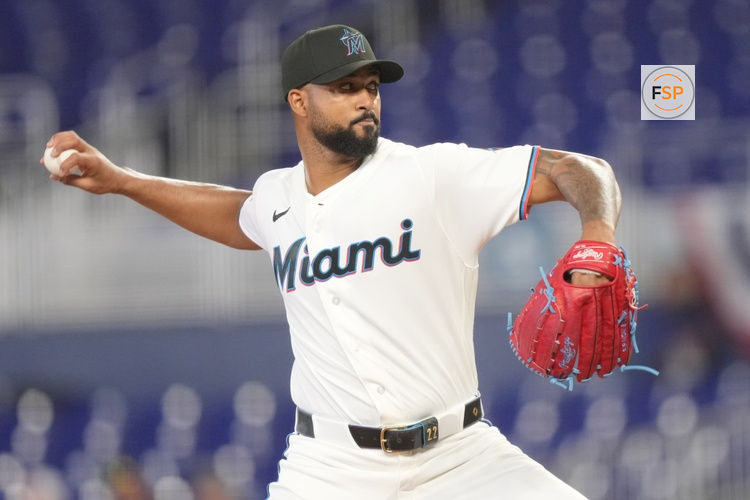 Apr 1, 2026; Miami, Florida, USA;  Miami Marlins starting pitcher Sandy Alcantara (22) pitches against the Chicago White Sox in the first inning at loanDepot Park. Credit: Jim Rassol-Imagn Images