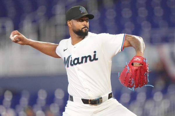 Apr 1, 2026; Miami, Florida, USA;  Miami Marlins starting pitcher Sandy Alcantara (22) pitches against the Chicago White Sox in the first inning at loanDepot Park. Mandatory Credit: Jim Rassol-Imagn Images