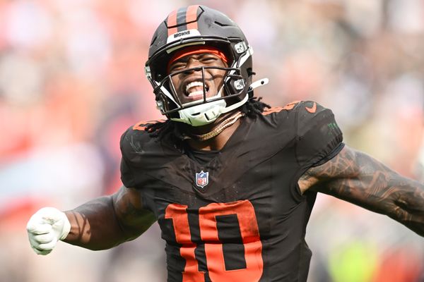 Sep 21, 2025; Cleveland, Ohio, USA; Cleveland Browns running back Quinshon Judkins (10) celebrates after scoring a touchdown against the Green Bay Packers during the fourth quarter at Huntington Bank Field. Mandatory Credit: Ken Blaze-Imagn Images