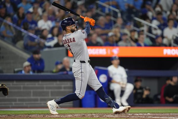 Sep 10, 2025; Toronto, Ontario, CAN; Houston Astros shortstop Carlos Correa (1) hits a solo home run against the Toronto Blue Jays during the sixth inning at Rogers Centre. Mandatory Credit: John E. Sokolowski-Imagn Images