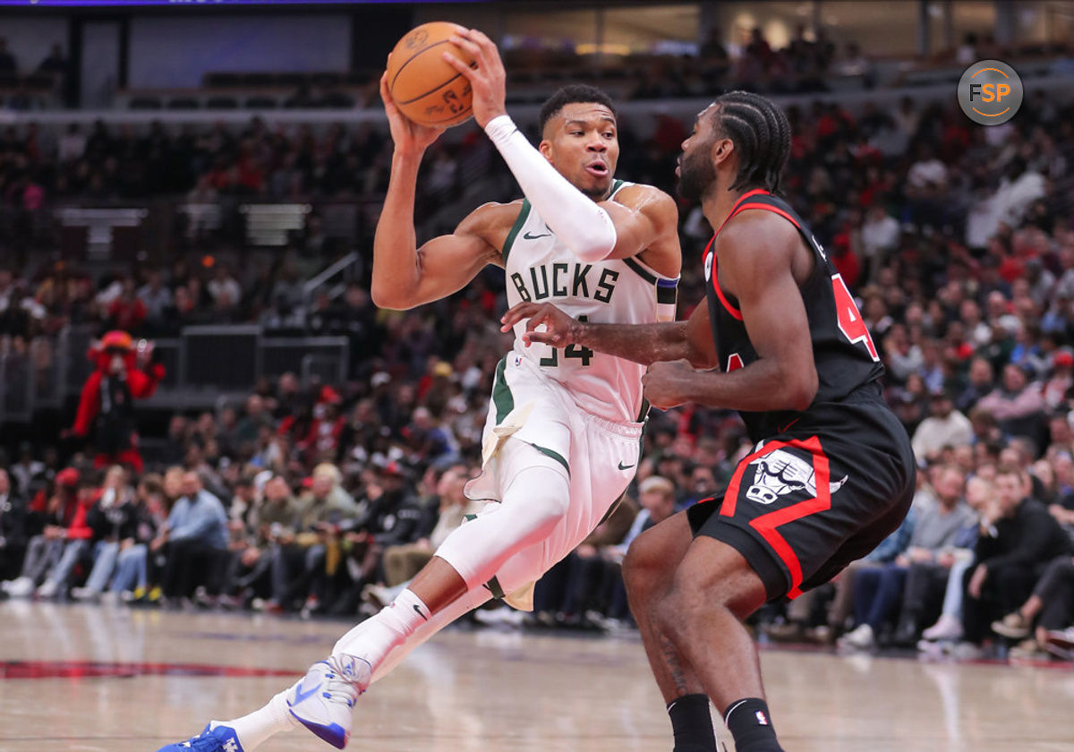 CHICAGO, IL - NOVEMBER 30: Patrick Williams #44 of the Chicago Bulls posts up against Giannis Antetokounmpo #34 of the Milwaukee Bucks during the second half against the Chicago Bulls at the United Center on November 30, 2023 in Chicago, Illinois. (Photo by Melissa Tamez/Icon Sportswire)