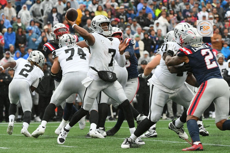Sep 7, 2025; Foxborough, Massachusetts, USA; Las Vegas Raiders quarterback Geno Smith (7) drops back to pass against the New England Patriots during the second half at Gillette Stadium. Credit: Bob DeChiara-Imagn Images