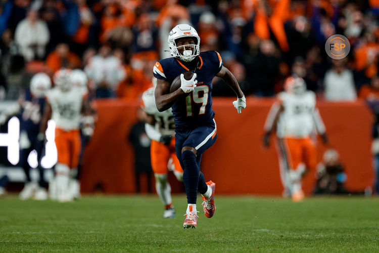 Dec 2, 2024; Denver, Colorado, USA; Denver Broncos wide receiver Marvin Mims Jr. (19) runs for a touchdown on a reception in the third quarter against the Cleveland Browns at Empower Field at Mile High. Credit: Isaiah J. Downing-Imagn Images