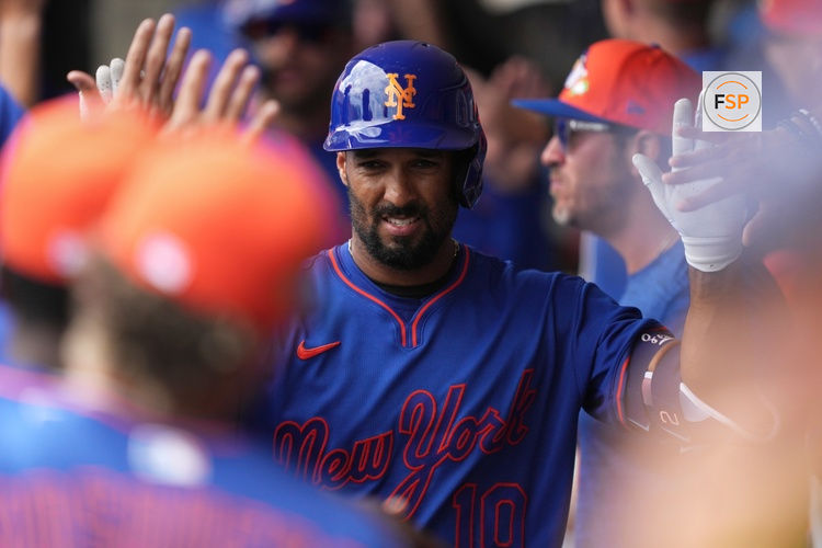 Mar 15, 2026; Port St. Lucie, Florida, USA;  New York Mets second baseman Marcus Semien (10) celebrates a sacrifice fly that scored a run in the third inning against the Toronto Blue Jays at Clover Park. Credit: Jim Rassol-Imagn Images