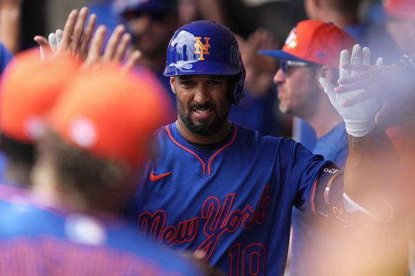 Mar 15, 2026; Port St. Lucie, Florida, USA;  New York Mets second baseman Marcus Semien (10) celebrates a sacrifice fly that scored a run in the third inning against the Toronto Blue Jays at Clover Park. Mandatory Credit: Jim Rassol-Imagn Images