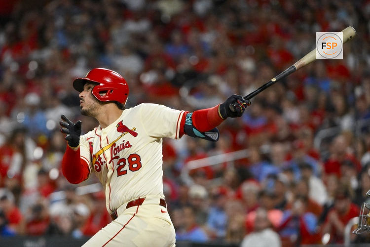 Sep 20, 2025; St. Louis, Missouri, USA; St. Louis Cardinals third baseman Nolan Arenado (28) hits a one run single against the Milwaukee Brewers during the fourth inning at Busch Stadium. Credit: Jeff Curry-Imagn Images