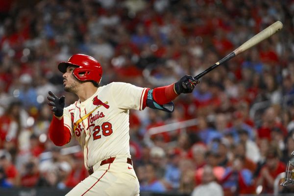 Sep 20, 2025; St. Louis, Missouri, USA; St. Louis Cardinals third baseman Nolan Arenado (28) hits a one run single against the Milwaukee Brewers during the fourth inning at Busch Stadium. Mandatory Credit: Jeff Curry-Imagn Images