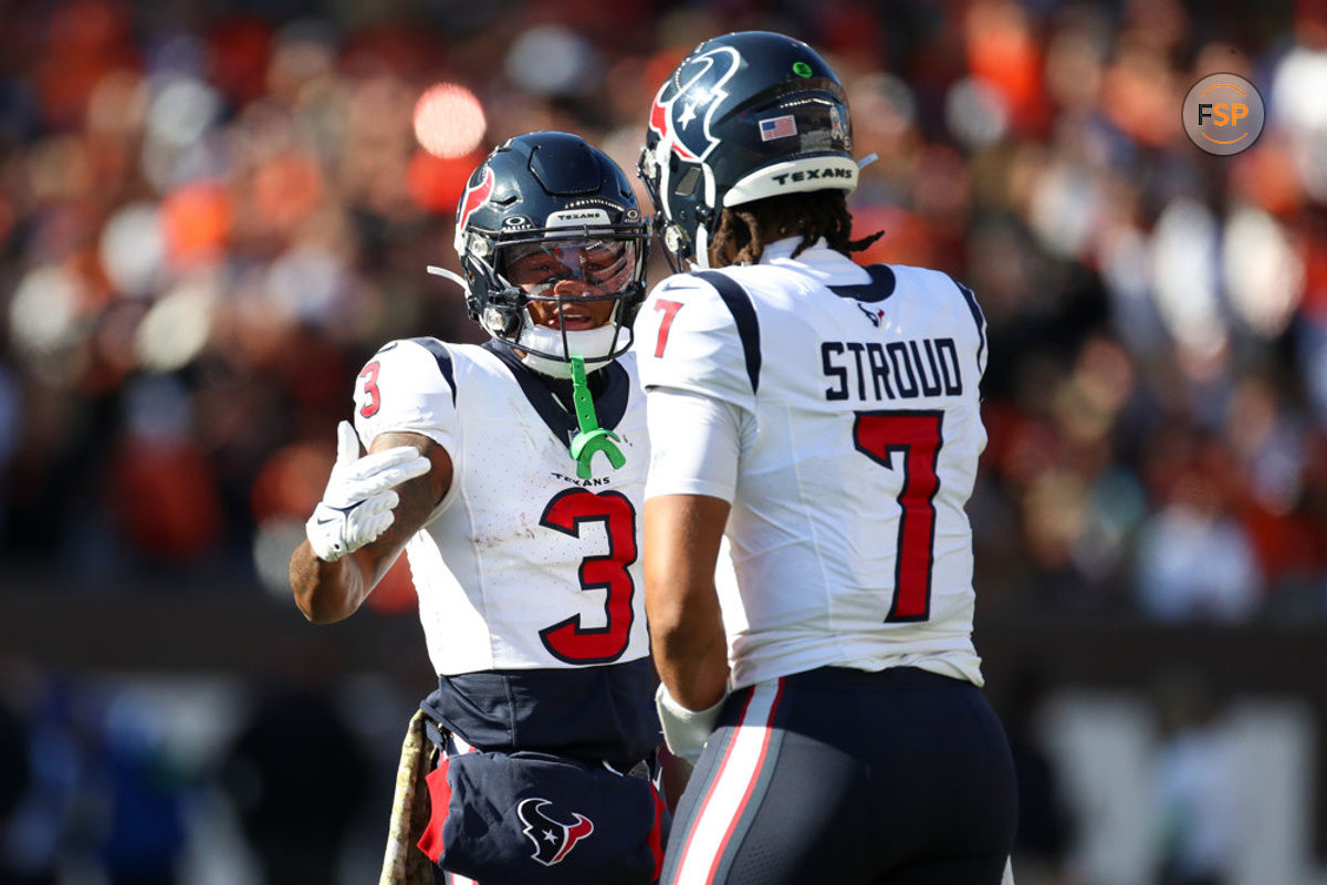 CINCINNATI, OH - NOVEMBER 12: Houston Texans wide receiver Tank Dell (3) talks with quarterback C.J. Stroud (7) during the game against the Houston Texans and the Cincinnati Bengals on November 12, 2023, at Paycor Stadium in Cincinnati, OH. (Photo by Ian Johnson/Icon Sportswire)