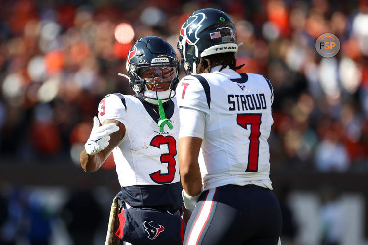 CINCINNATI, OH - NOVEMBER 12: Houston Texans wide receiver Tank Dell (3) talks with quarterback C.J. Stroud (7) during the game against the Houston Texans and the Cincinnati Bengals on November 12, 2023, at Paycor Stadium in Cincinnati, OH. (Photo by Ian Johnson/Icon Sportswire)