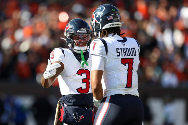 CINCINNATI, OH - NOVEMBER 12: Houston Texans wide receiver Tank Dell (3) talks with quarterback C.J. Stroud (7) during the game against the Houston Texans and the Cincinnati Bengals on November 12, 2023, at Paycor Stadium in Cincinnati, OH. (Photo by Ian Johnson/Icon Sportswire)