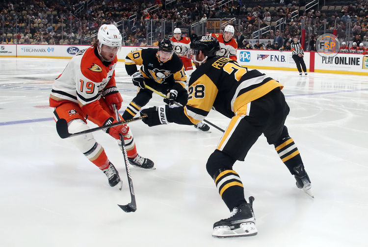 Oct 31, 2024; Pittsburgh, Pennsylvania, USA;  Anaheim Ducks right wing Troy Terry (19) skates with the puck as Pittsburgh Penguins defenseman Marcus Pettersson (28) defends during the second period at PPG Paints Arena. Credit: Charles LeClaire-Imagn Images