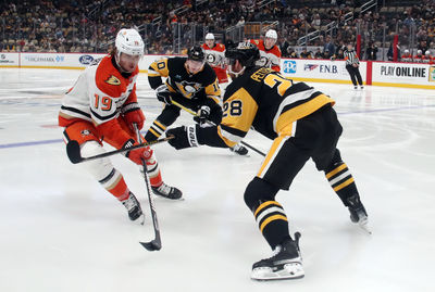 Oct 31, 2024; Pittsburgh, Pennsylvania, USA;  Anaheim Ducks right wing Troy Terry (19) skates with the puck as Pittsburgh Penguins defenseman Marcus Pettersson (28) defends during the second period at PPG Paints Arena. Mandatory Credit: Charles LeClaire-Imagn Images