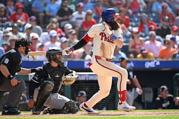 Jun 7, 2026; Philadelphia, Pennsylvania, USA; Philadelphia Phillies left fielder Brandon Marsh (16) watches his RBI single against the Chicago White Sox during the sixth inning at Citizens Bank Park. Mandatory Credit: Eric Hartline-Imagn Images