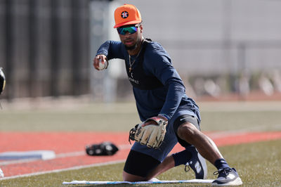 Feb 14, 2025; West Palm Beach, FL, USA; Houston Astros infielder Brice Matthews (86) works out during spring training at CACTI Park of the Palm Beaches. Mandatory Credit: Sam Navarro-Imagn Images