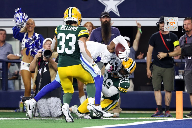 Sep 28, 2025; Arlington, Texas, USA; Dallas Cowboys wide receiver George Pickens (3) runs against Green Bay Packers safety Xavier McKinney (29) in the fourth quarter at AT&T Stadium. Credit: Kevin Jairaj-Imagn Images