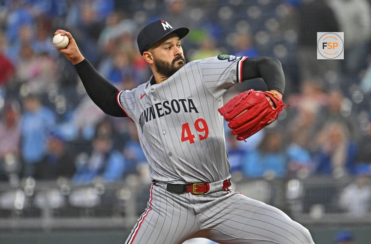 Sep 5, 2025; Kansas City, Missouri, USA;  Minnesota Twins starting pitcher Pablo Lopez (49) throws a pitch in the first inning against the Kansas City Royals at Kauffman Stadium. Credit: Peter Aiken-Imagn Images