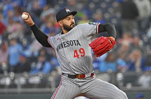 Sep 5, 2025; Kansas City, Missouri, USA;  Minnesota Twins starting pitcher Pablo Lopez (49) throws a pitch in the first inning against the Kansas City Royals at Kauffman Stadium. Mandatory Credit: Peter Aiken-Imagn Images