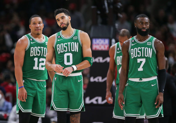 CHICAGO, IL - NOVEMBER 21: Boston Celtics forward Grant Williams (12) Boston Celtics forward Jayson Tatum (0) and Boston Celtics guard Jaylen Brown (7) looks on
during a NBA game between the Boston Celtics and the Chicago Bulls on November 21, 2022 at the United Center in Chicago, IL. (Photo by Melissa Tamez/Icon Sportswire)
