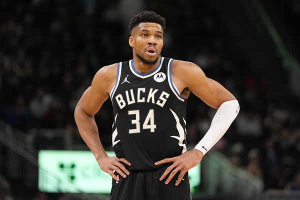 Jan 23, 2026; Milwaukee, Wisconsin, USA;  Milwaukee Bucks forward Giannis Antetokounmpo (34) looks on during the second quarter against the Denver Nuggets at Fiserv Forum. Mandatory Credit: Jeff Hanisch-Imagn Images