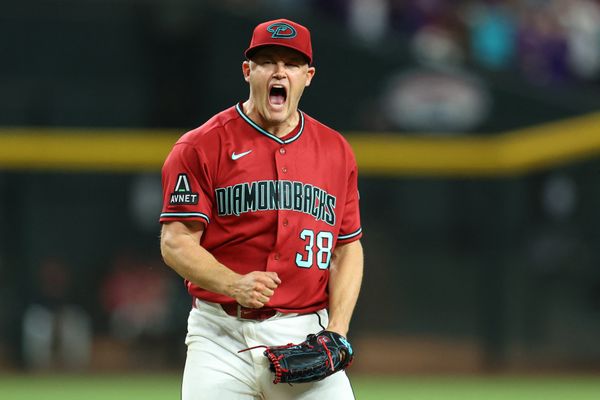 May 23, 2026; Phoenix, Arizona, USA; Arizona Diamondbacks relief pitcher Paul Sewald (38) reacts after defeating the Colorado Rockies in the ninth inning at Chase Field. Mandatory Credit: Anna Carrington-Imagn Images