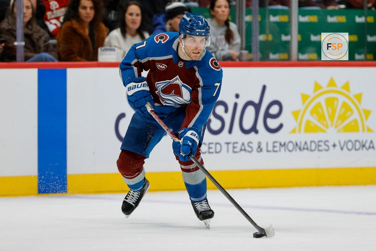 Dec 11, 2025; Denver, Colorado, USA; Colorado Avalanche defenseman Devon Toews (7) controls the puck in the first period against the Florida Panthers at Ball Arena. Credit: Isaiah J. Downing-Imagn Images