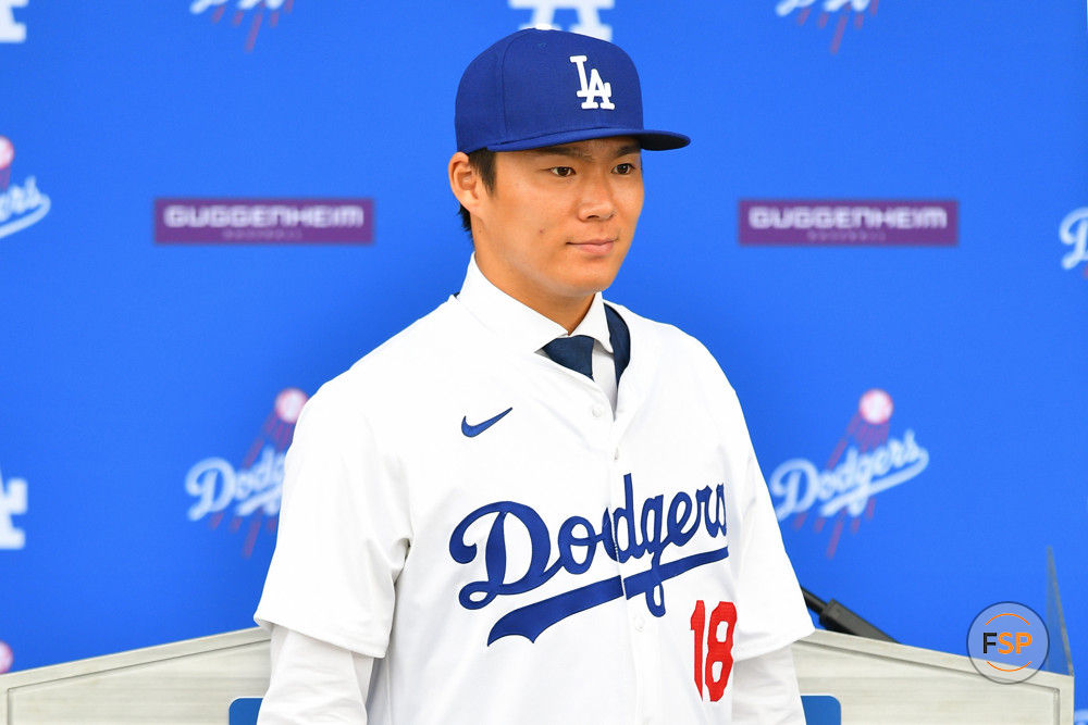 LOS ANGELES, CA - DECEMBER 27: Newly acquired Los Angeles Dodgers pitcher Yoshinobu Yamamoto is introduced at a press conference on December 27, 2023 at Dodger Stadium in Los Angeles, CA. (Photo by Brian Rothmuller/Icon Sportswire)