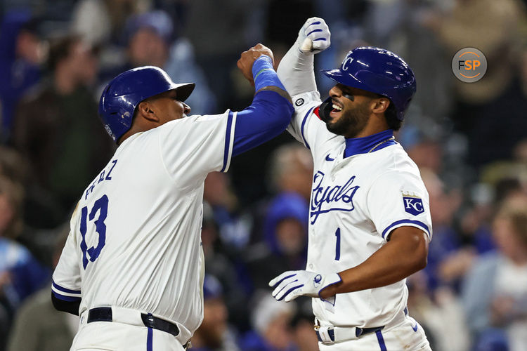 KANSAS CITY, MO - APRIL 04: Kansas City Royals outfielder MJ Melendez (1) fist bumps with catcher Salvador Perez (13) after hitting a home run in the seventh inning of an MLB game between the Chicago White Sox and Kansas City Royals on Apr 4, 2024 at Kauffman Stadium in Kansas City, MO. (Photo by Scott Winters/Icon Sportswire)