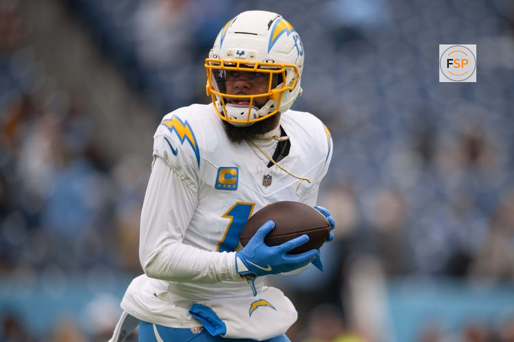 Nov 2, 2025; Nashville, Tennessee, USA;   Los Angeles Chargers wide receiver Keenan Allen (13) makes a catch against the Tennessee Titans during pre-game warmups at Nissan Stadium. Credit: Steve Roberts-Imagn Images