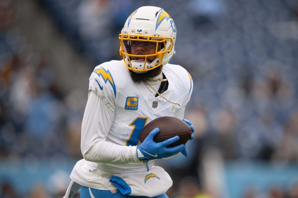 Nov 2, 2025; Nashville, Tennessee, USA;   Los Angeles Chargers wide receiver Keenan Allen (13) makes a catch against the Tennessee Titans during pre-game warmups at Nissan Stadium. Mandatory Credit: Steve Roberts-Imagn Images