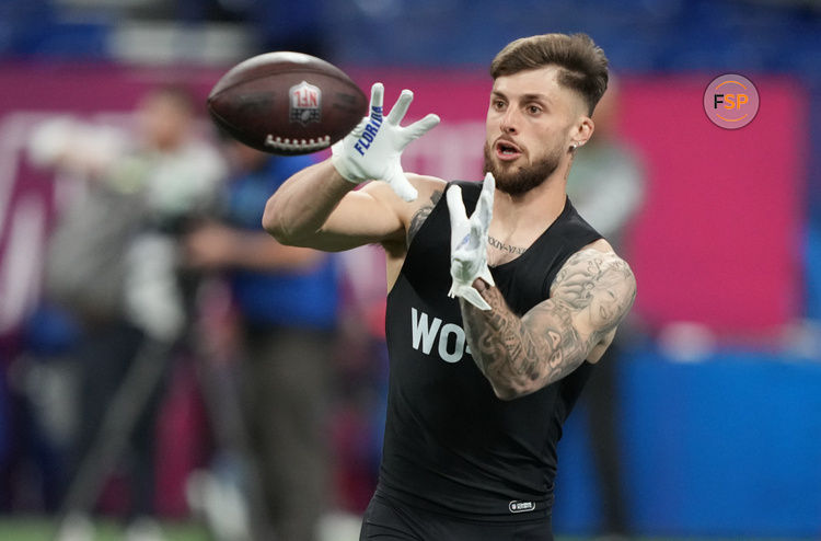 Mar 2, 2024; Indianapolis, IN, USA; Florida wide receiver Ricky Pearsall (WO23) during the 2024 NFL Combine at Lucas Oil Stadium. Credit: Kirby Lee-USA TODAY Sports