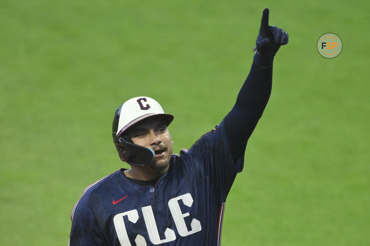 Jul 5, 2024; Cleveland, Ohio, USA; Cleveland Guardians designated hitter Josh Naylor (22) celebrates his solo home run in the fourth inning against the San Francisco Giants at Progressive Field. Credit: David Richard-USA TODAY Sports