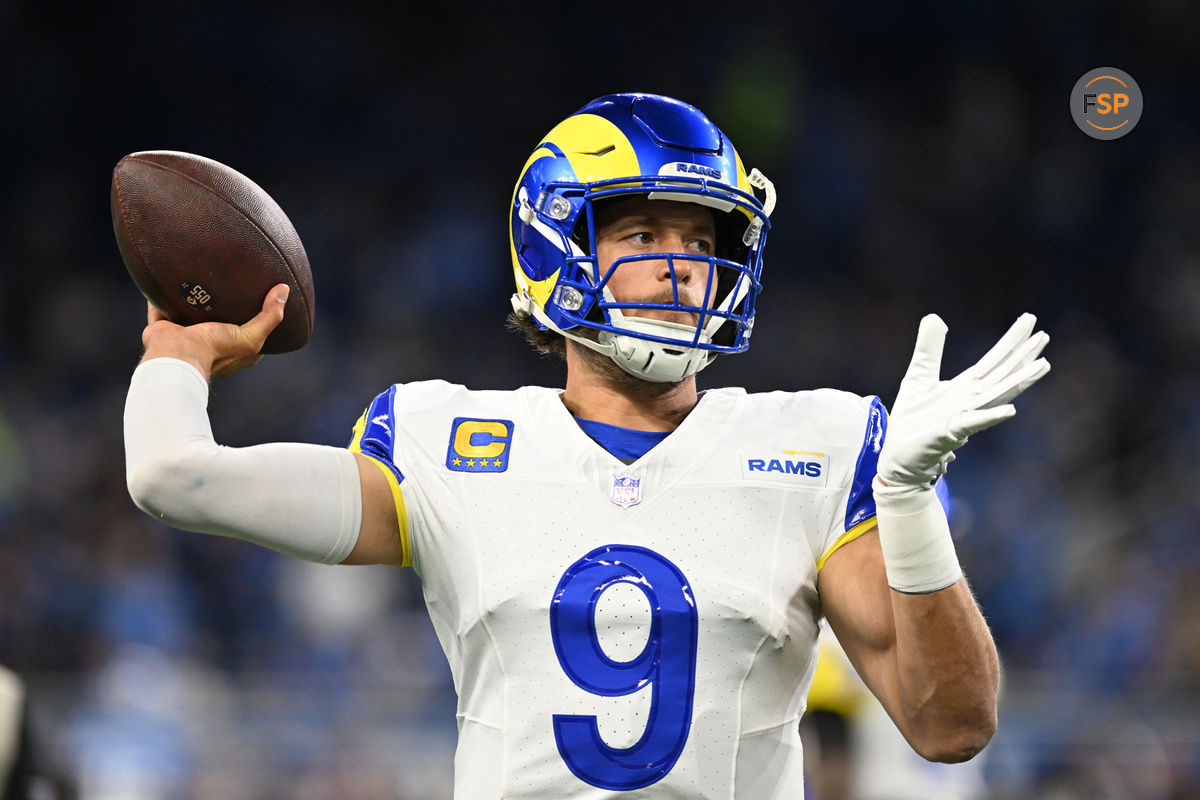 Sep 8, 2024; Detroit, Michigan, USA; Los Angeles Rams quarterback Matthew Stafford (9) throws passes during pregame warm ups before their game against the Detroit Lions at Ford Field. Credit: Lon Horwedel-Imagn Images