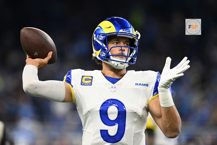 Sep 8, 2024; Detroit, Michigan, USA; Los Angeles Rams quarterback Matthew Stafford (9) throws passes during pregame warm ups before their game against the Detroit Lions at Ford Field. Credit: Lon Horwedel-Imagn Images